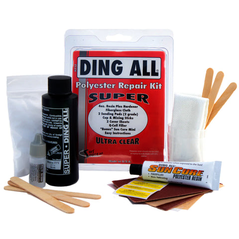 Ding All Polyester Repair Kit with various repair materials on a white background