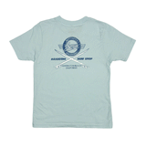 back of light blue t shirt with a dark blue logo