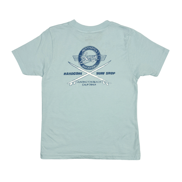 back of light blue t shirt with a dark blue logo