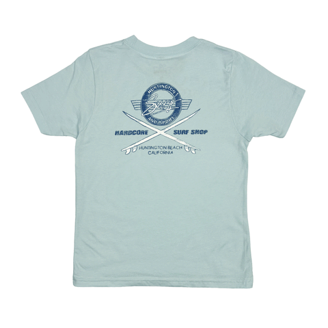 back of light blue t shirt with a dark blue logo