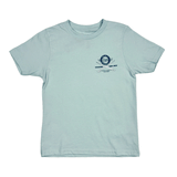 front of light blue t shirt with a dark blue logo