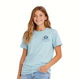 girl wearing  light blue t shirt with a dark blue logo