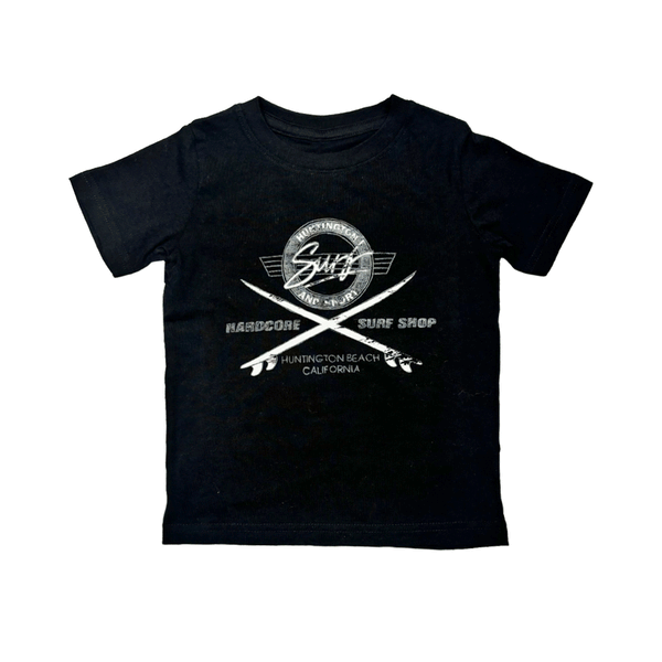 Black t-shirt with grey and white logo