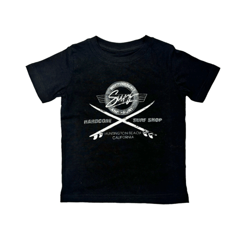 Black t-shirt with grey and white logo