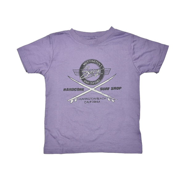purple t-shirt with grey and white logo