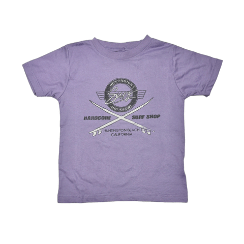 purple t-shirt with grey and white logo