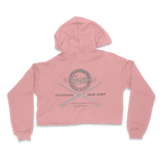 Pink cropped hoodie with a graphic design on the back against a white background
