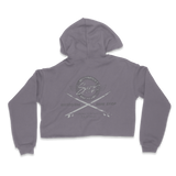 Gray hoodie with a logo on the back against a white background