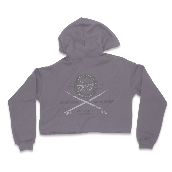 Gray hoodie with a logo on the back against a white background