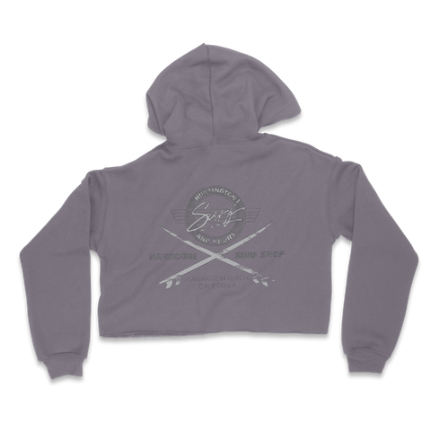 Gray hoodie with a logo on the back against a white background