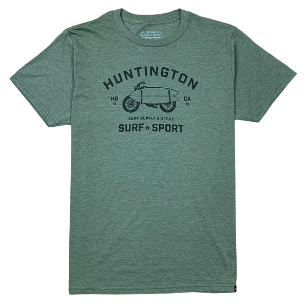 Green t-shirt with black graphic and text on a white background