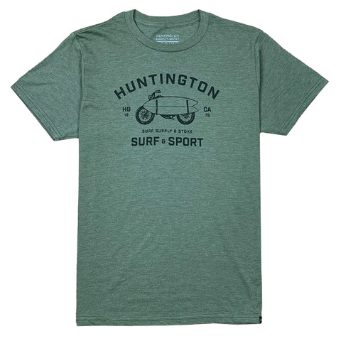 Green t-shirt with black graphic and text on a white background