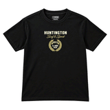 front of black t-shirt with gold and white logo