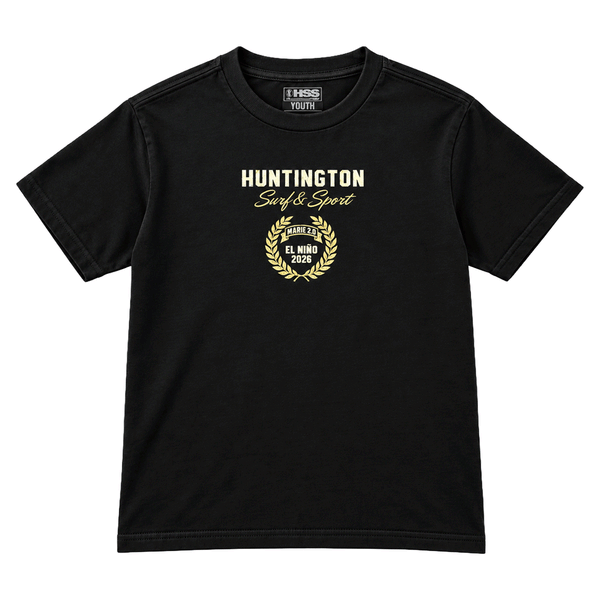 front of black t-shirt with gold and white logo