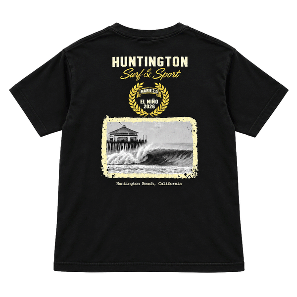boys black t-shirt with image of the HB PIer and a wave. above image reads Huntington Surf and Sport. El Nino 2026. 