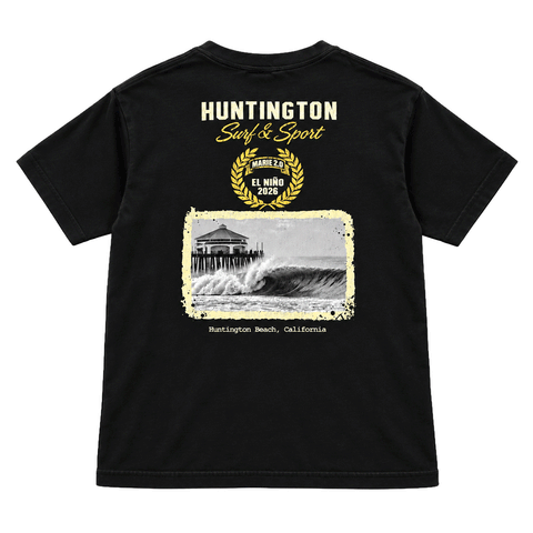 boys black t-shirt with image of the HB PIer and a wave. above image reads Huntington Surf and Sport. El Nino 2026. 