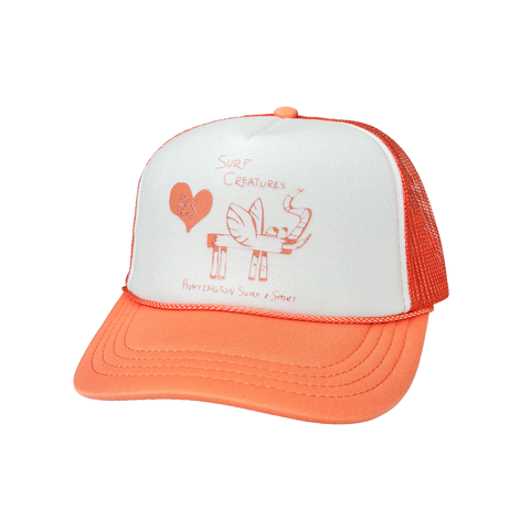 Orange and white trucker hat with and orange design on a white background