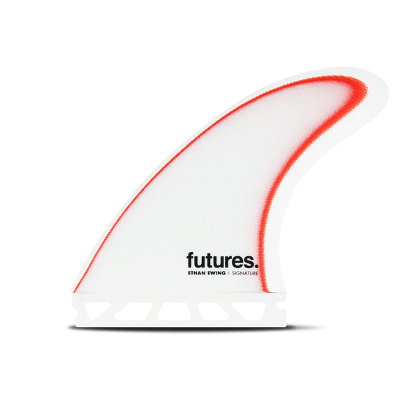 white surf fin with red accents on a white background