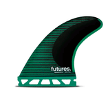green surf fin with black accents and "futures" branding 