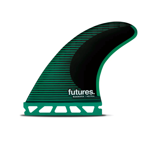green surf fin with black accents and "futures" branding 