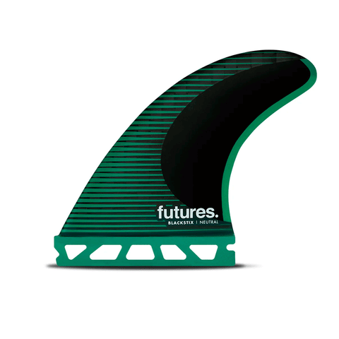 green surf fin with black accents and "futures" branding 