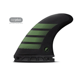 black surf fin with green accents on a white background