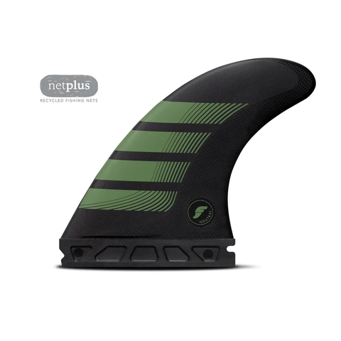 black surf fin with green accents on a white background