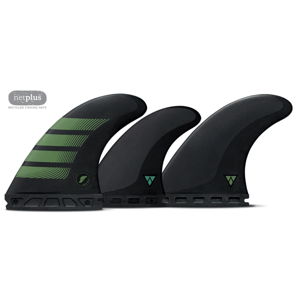 3 black surf fins with green accents on a white background
