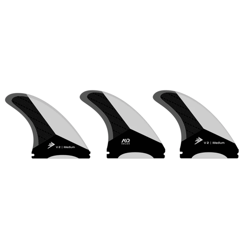 3 black,grey and white surf fins on a white background