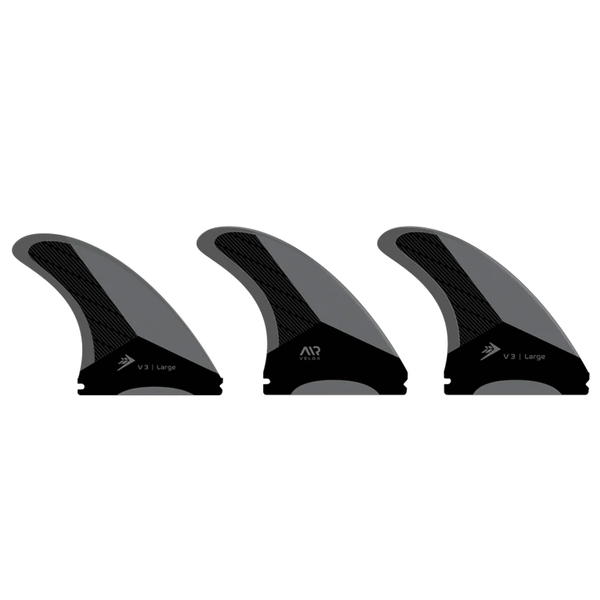3 black and grey surf fins on a white background