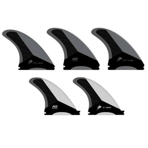 5 black, grey & white surf fins with "firewire" branding