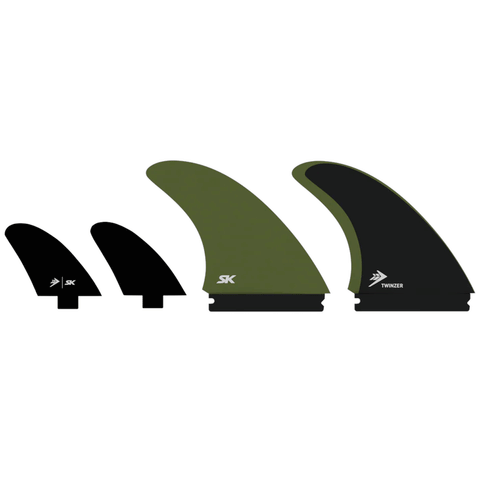 4 green and black surf fins (2 front twinzer fins & 2 rear twinzer fins)