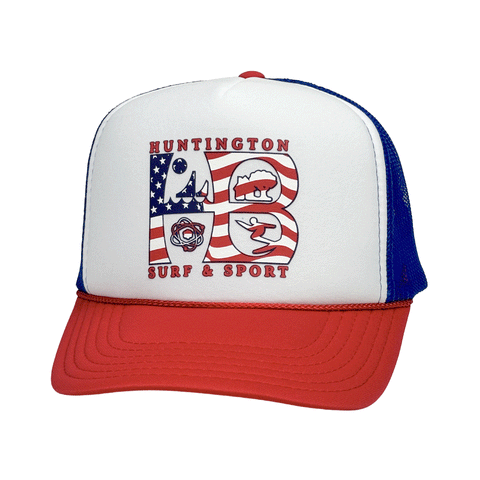 red white and blue trucker hat with the Huntington Beach city logo