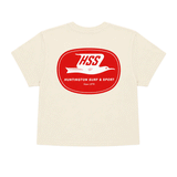 back of ivory colored cropped t-shirt with large red logo on back. 