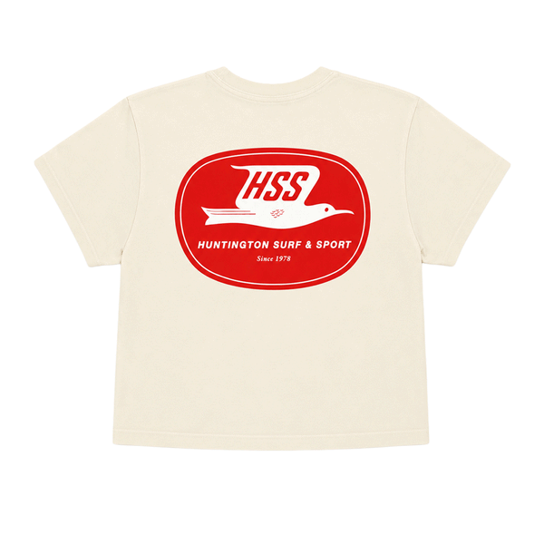 back of ivory colored cropped t-shirt with large red logo on back. 