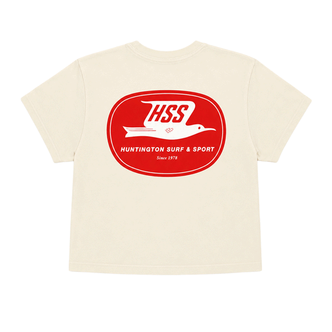back of ivory colored cropped t-shirt with large red logo on back. 