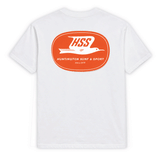 back of white t-shirt with large orange HSS logo