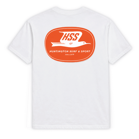 back of white t-shirt with large orange HSS logo