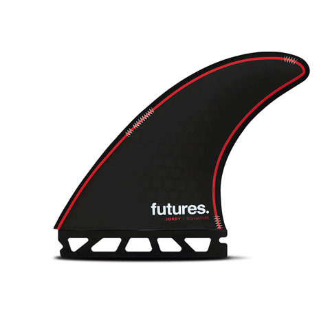 black and red surf fin with "futures" and "jordy" branding