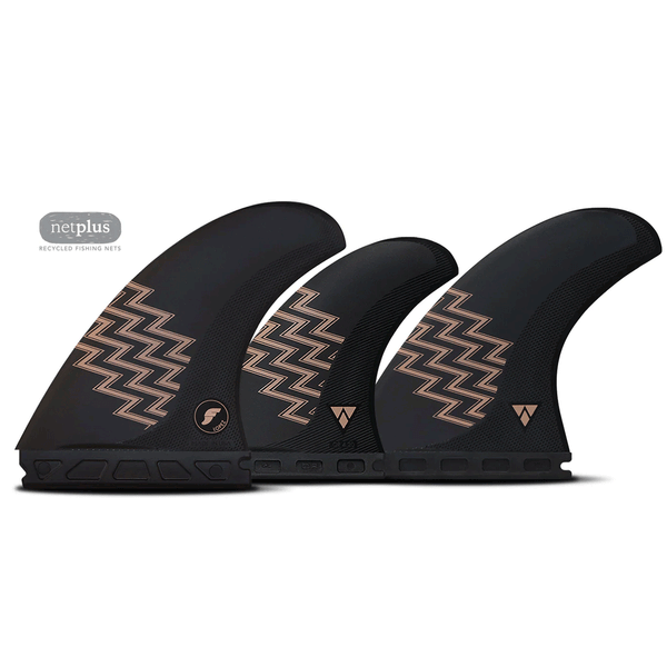 3 black surf fins with tan accents on a white background