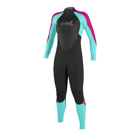 youth girls black wetsuit with blue & pink on the sleeves and calves