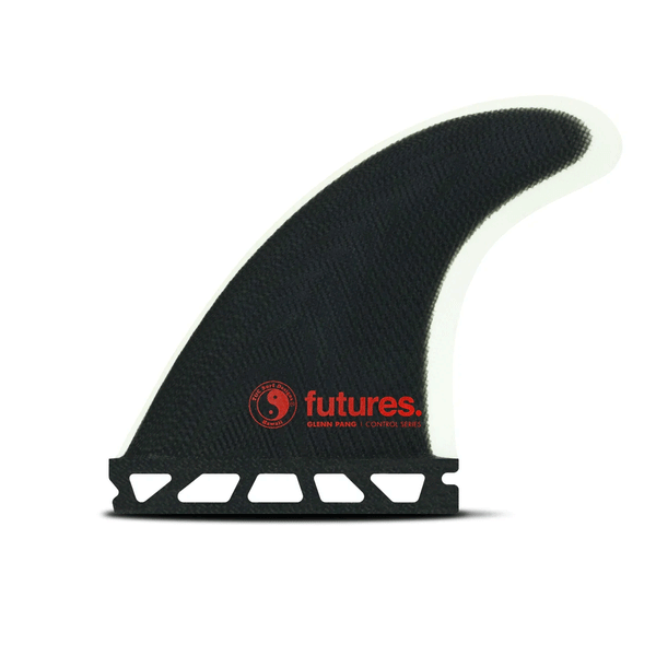 black surf fin with "t&c" and "futures" branding