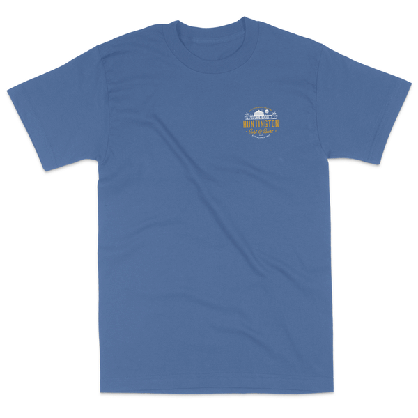 blue t shirt with silhouette of the HB Pier and the words Huntington surf and sport