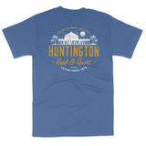 blue t shirt with silhouette of the HB Pier and the words Huntington surf and sport