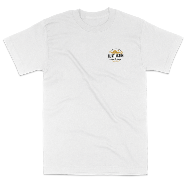 white t shirt with silhouette of HB Pier and the words huntington surf and sport