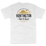 white t shirt with silhouette of HB Pier and the words huntington surf and sport