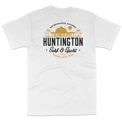 white t shirt with silhouette of HB Pier and the words huntington surf and sport