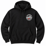 front of black hoodie with small white logo on chest