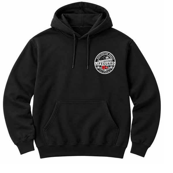 front of black hoodie with small white logo on chest