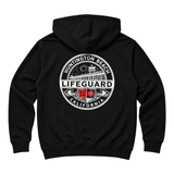 back of black hoodie with large white circle  lifeguards logo